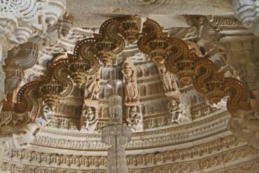 Intricate carvings of Vidyadevis at Ranakpur Jain Temple